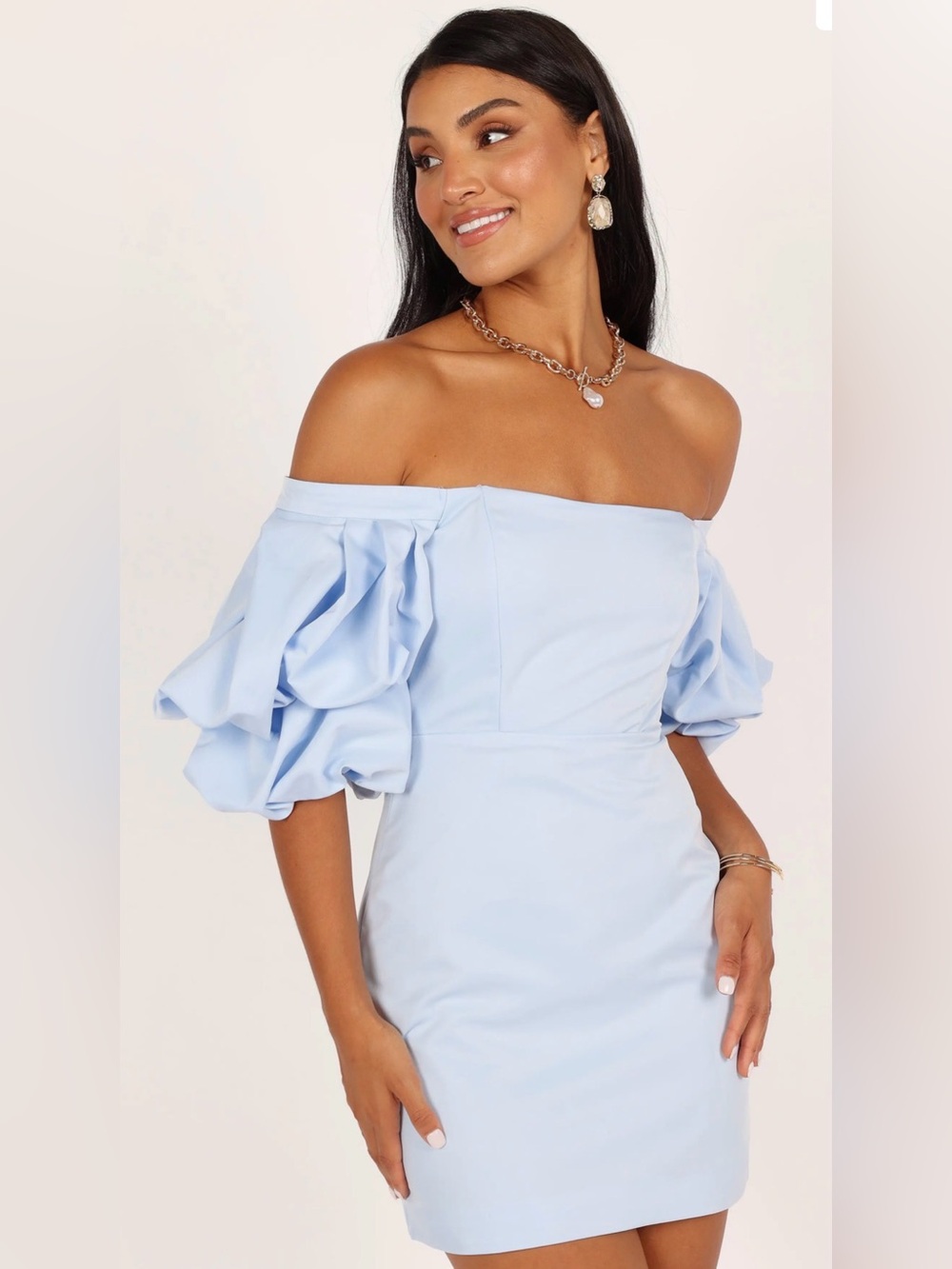 Off-Shoulder Light Blue Puff-Sleeve Mini Dress